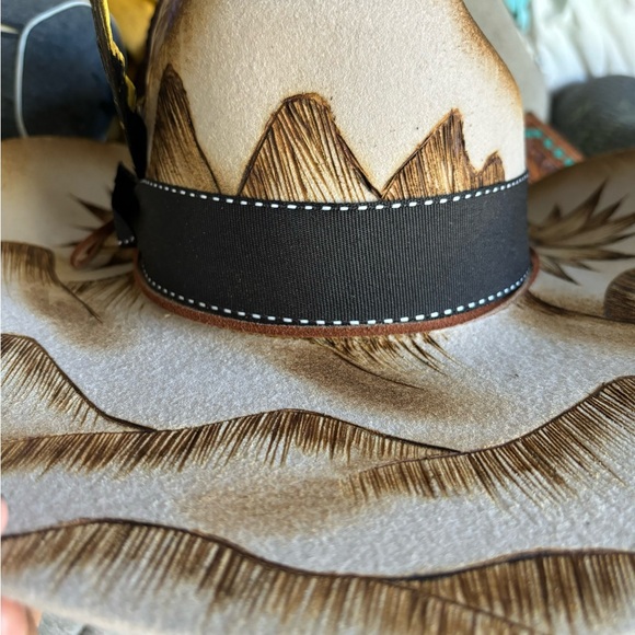 Cowgirl hat, hand burned with Sunflowers & Mountains - Picture 4 of 9